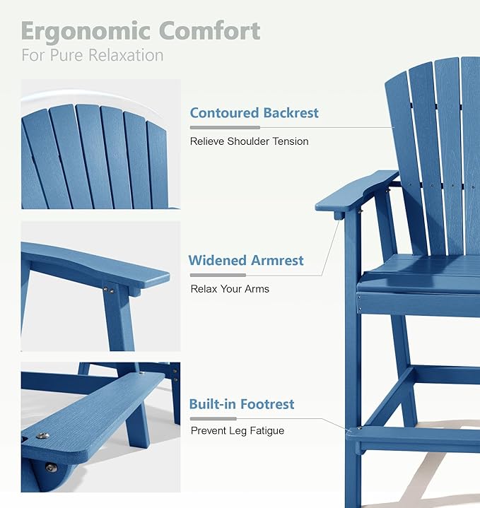 PASAMIC Tall Adirondack Chair Set of 4, All-Weather HDPE Outdoor Chairs with Removable Double Trays, Bar Height Adirondack Chairs for Balcony, Deck, Patio, Backyard, Blue