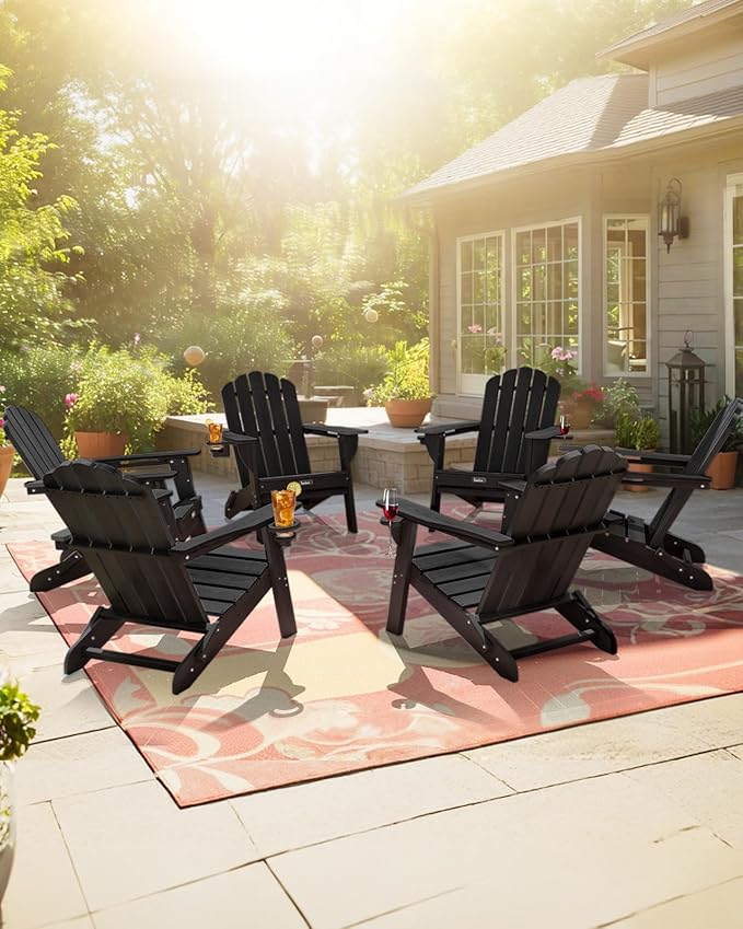 Adirondack Chairs Set of 6, HDPE Material Fire Pit Chairs, Plastic Adirondack Chairs with 2 Cup Holder, Outdoor Lawn Chair for Patio Garden,Black