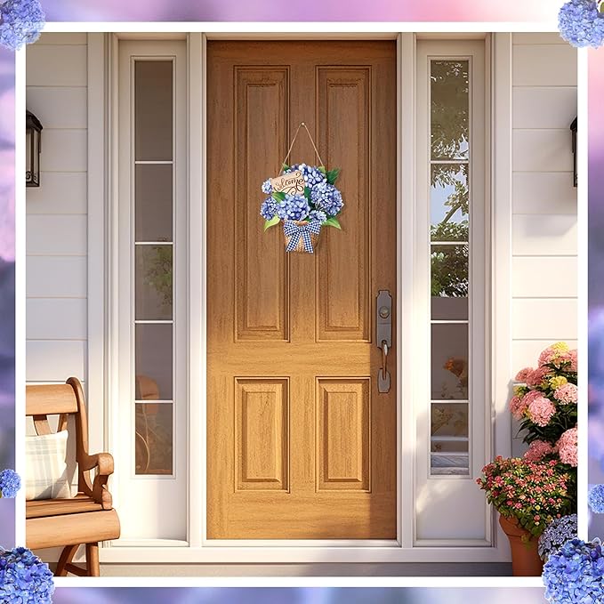 Barydat Spring Door Sign Blue Hydrangea Wreaths Flowers Spring Door Hanger Rustic Easter Welcome Hanging Wreath for Summer Front Indoor Home Porch Wall Windows