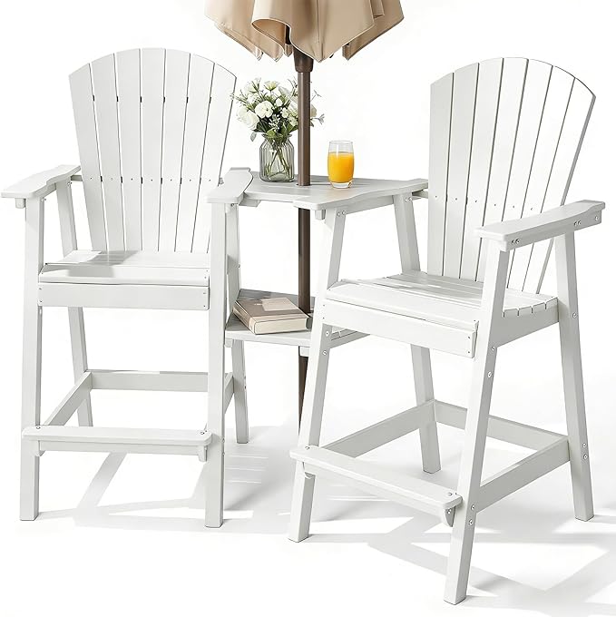 PASAMIC Tall Adirondack Chairs Set of 2, All-Weather HDPE Bar Height Patio Chairs with Double Tray, Heavy-Duty Outdoor Balcony Furniture for Garden, Backyard, White