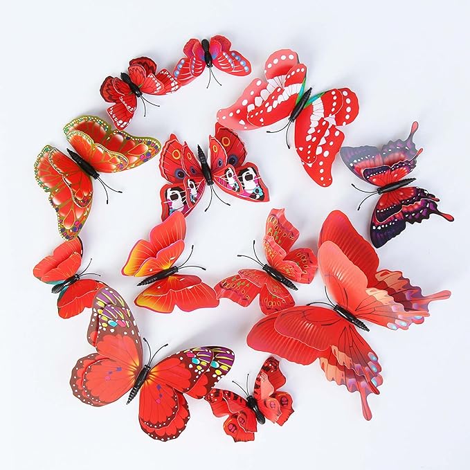 Butterfly Wall Decor 72 PCS, 3D Butterflies Stickers for Party Decorations with Magnets (Red, 72)