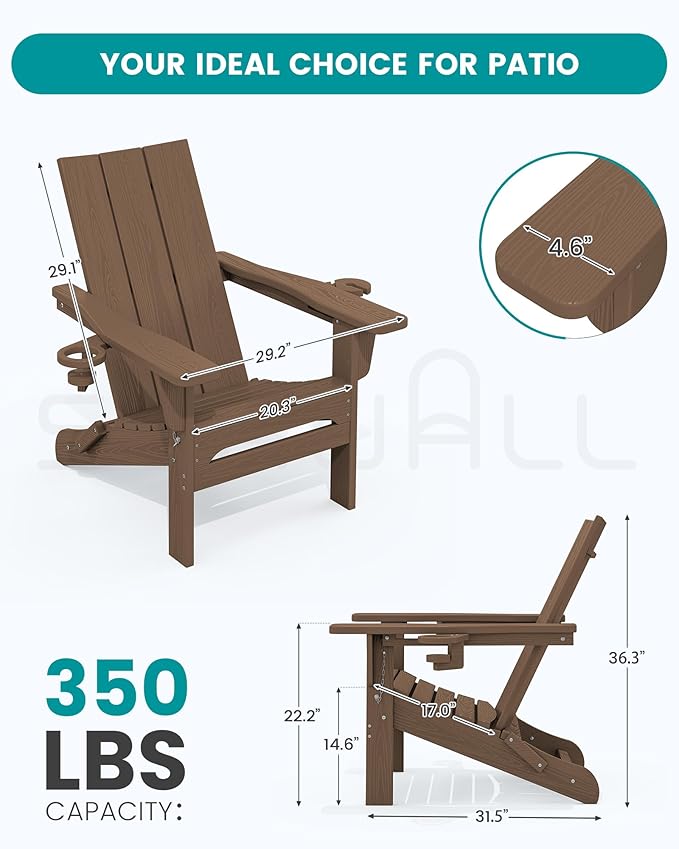 SERWALL Modern Adirondack Chair Set of 4, Folding Adirondack Chair with Cup Holders, Outdoor HDPE Fire Pit Chairs for All Weather Use, Brown