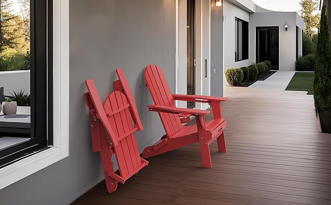 Folding Adirondack Chair, Wooden Textured Plastic Adirondack Chairs with 2 Cup Holder, Weather Resistant HDPE Fire Pit Chair, Outdoor Patio Chairs for Garden, Backyard, Lawn, Deck, 380LBS, Red