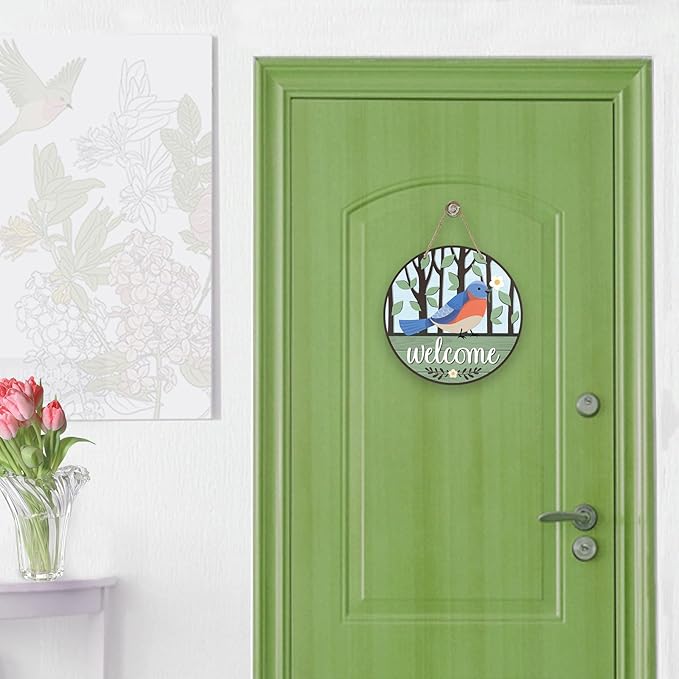Deroro Welcome Spring Summer Bluebird Front Door Sign, Blue Jay Tree Wood Door Hanger Outdoor Outside Porch Decor, Farmhouse Rustic Wooden Wreath Indoor Wall Hanging Decoration
