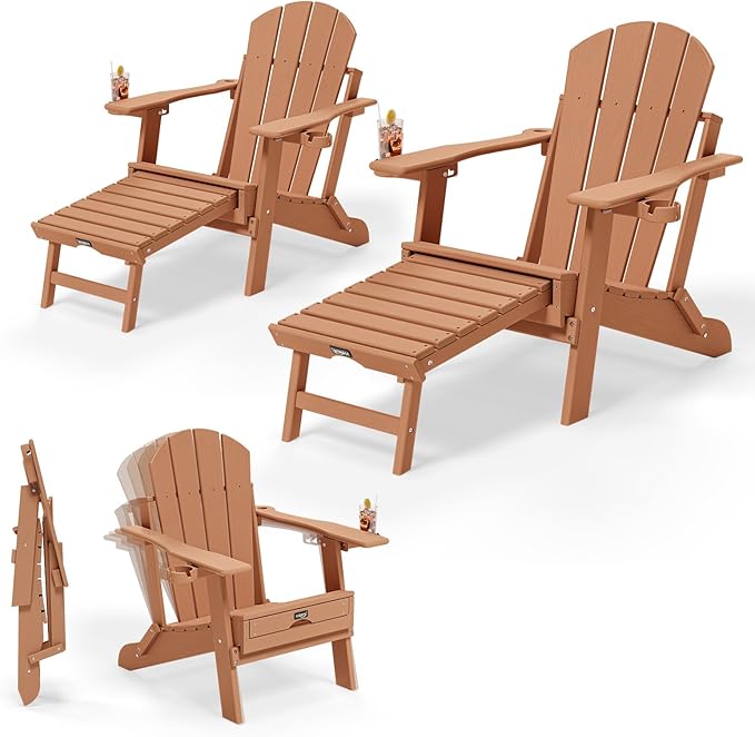 VINGLI Back-Adjustable Plastic Folding Adirondack Chairs Set of 2, Teak
