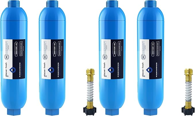 GLACIER FRESH RV/Marine Water Filter with 1 Flexible Hose Protector, Greatly Reduces Bad Taste, Odors, Chlorine and Sediment in Drinking Water, 4 Pack