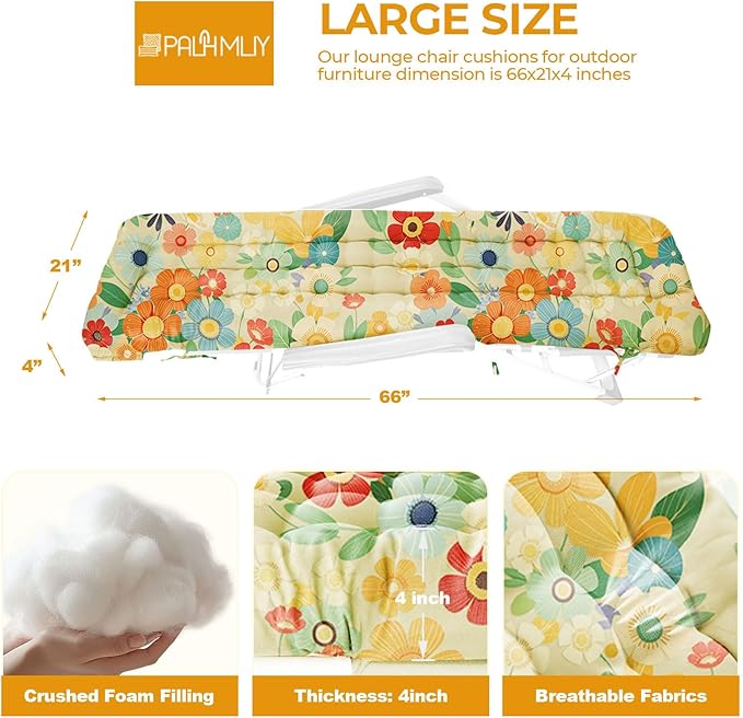 Outdoor Chaise Lounge Chair Cushion Waterproof 66 x 21 x 4 Inches Cotton Lounge Chair Cushions with Ties, Soft Thickened Lounge Chair Cushions for Indoor Outdoor Furniture (Daisy)