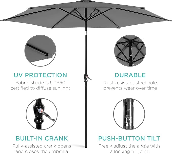 Best Choice Products 10ft Outdoor Steel Polyester Market Patio Umbrella w/Crank, Easy Push Button, Tilt, Table Compatible