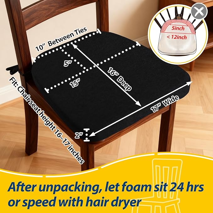 AAAAAcessories D-Shaped Chair Cushions, 2" Thick Dining Chair Pads with Ties and Removable, Machine-Washable Cover, 17" x 16", Set of 6, Black