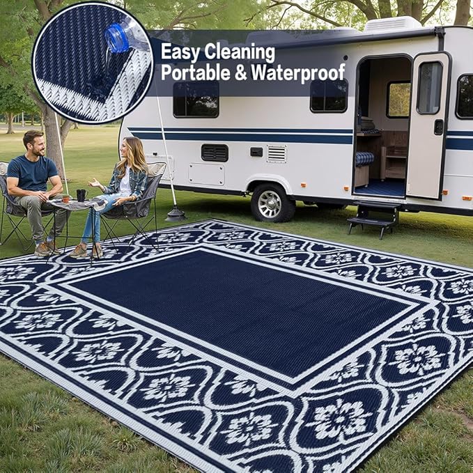 HUGEAR Patio Rug 10'x14' Waterproof Outside Area Rugs Reversible Blue Outdoor Plastic Straw Carpet for RV Deck Camping Entryance Porch Picnic Balcony Beach