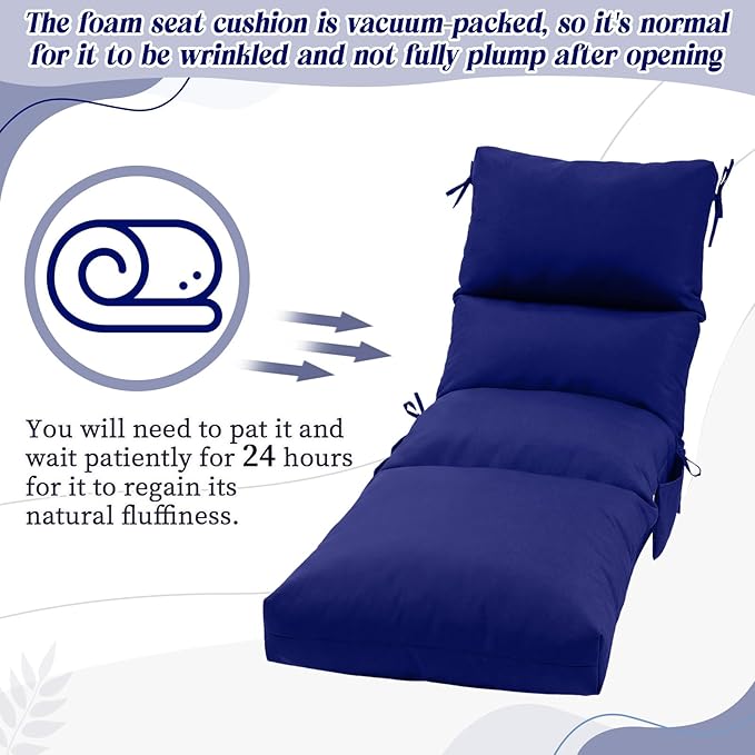 Kigley 2 Pcs Chaise Lounge Cushions, 77.9 x 20.5 x 4.7 Inch Outdoor Lounge Chair Cushions with Pocket, Thick Tufted Patio Recliner Replacement with Ties, Fade Resistant for Pool Furniture (Navy Blue)