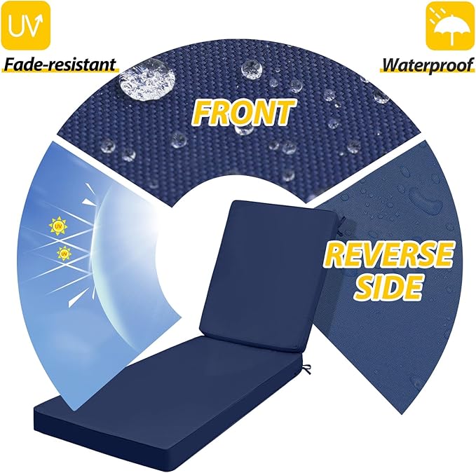 AAAAAcessories Outdoor Chaise Lounge Cushions, Fade-Resistant, Waterproof Patio Furniture Replacement Cushions, 75" x 24.5" x 3", Set of 2, Navy Blue