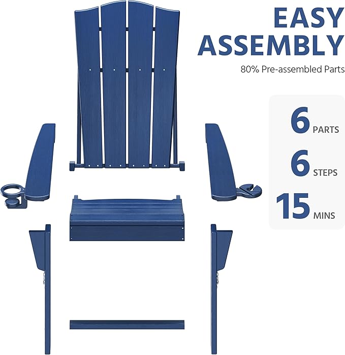 Yaheetech Folding Adirondack Chair Outdoor, HDPE Weather Resistant with Cup/Mobile Phone Holder for Deck, Patio, Pool, Backyard, 380lb Weight Capacity, Easy Assembly, Navy Blue