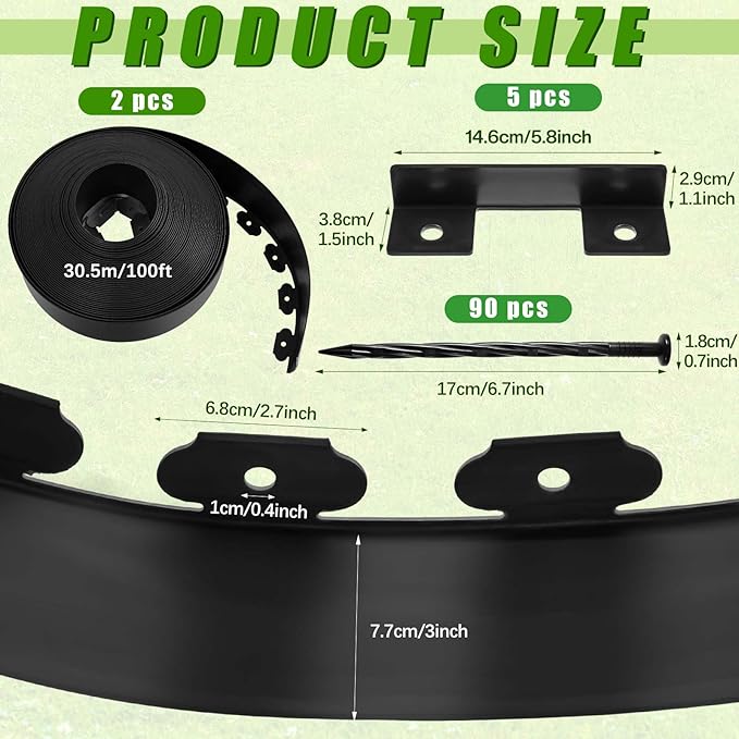 Sasylvia 3'' x 200' Landscape Edging Kit Edging Border Coil Include 120 Anchoring Spikes 10 Connectors Plastic Garden Border for Lawn Garden Grass Yard Home(Black)