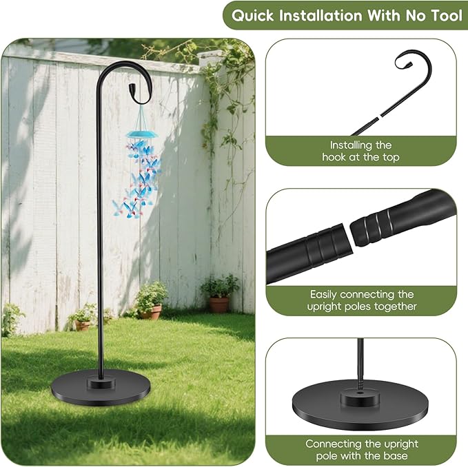 34-63" Adjustable Shepherd Hook Stand with Round Base Stand for Bird Feeders, Lanterns, Wind Chimes, Indoor and Outdoor Use on Patio, Yard or Porch