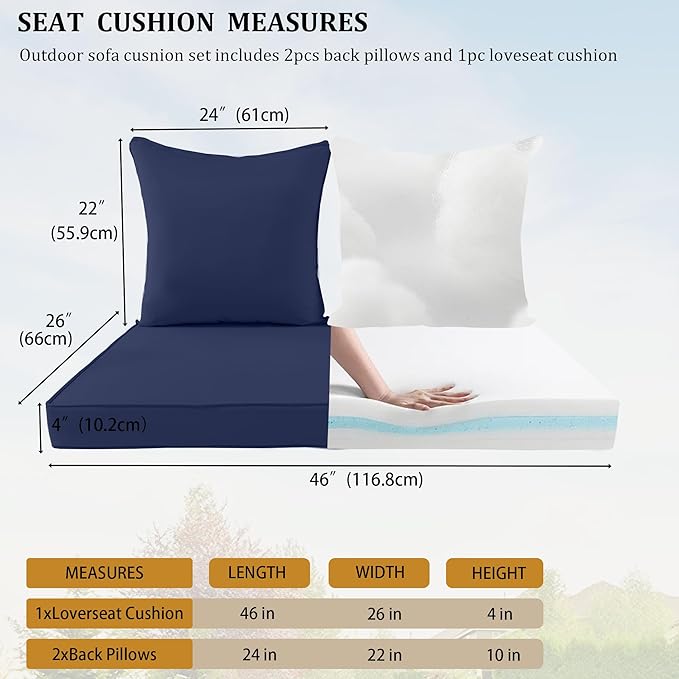 Outdoor Loveseat Cushion Set for Patio Couch/Sofa, 46 x 26 Inch Waterproof & Fade Resistant Patio Furniture Chiar Cushions with Removable Cover (Navy Blue, 46''Lx26''Wx4''H-Loveseat Cushion Set)