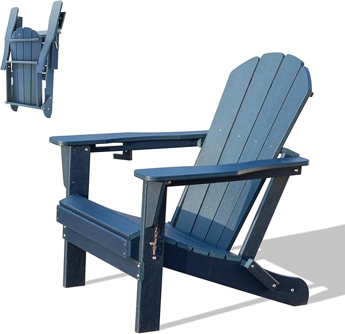 Domi Folding Adirondack Chair, HDPE All-Weather Outdoor Chair with Cup Holder, Wooden Textured Fire Pit Chair for Backyard, Patio, Poolside & Deck, Navy Blue