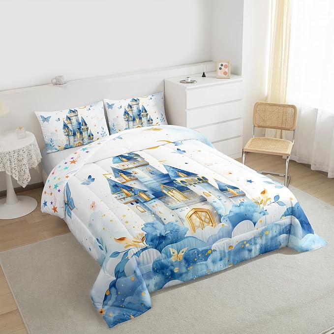 Erosebridal Girls Princess Queen Comforter Set - Castle Dreamy Bedding Sets for Kids Teen, Blue Butterfly Floral Bed Set | Moon and Stars Cute Girly Room Decor with 2 Pillowcases