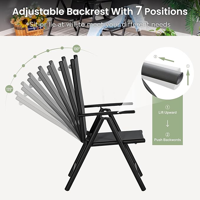 PHI VILLA Outdoor Patio Dining Set with Umbrella for 6, Large Rectangle Patio Table and Chairs Set with 6 Adjustable Folding Patio Sling Chairs(Black) & Red Patio Umbrella for Outside, Deck and Yard