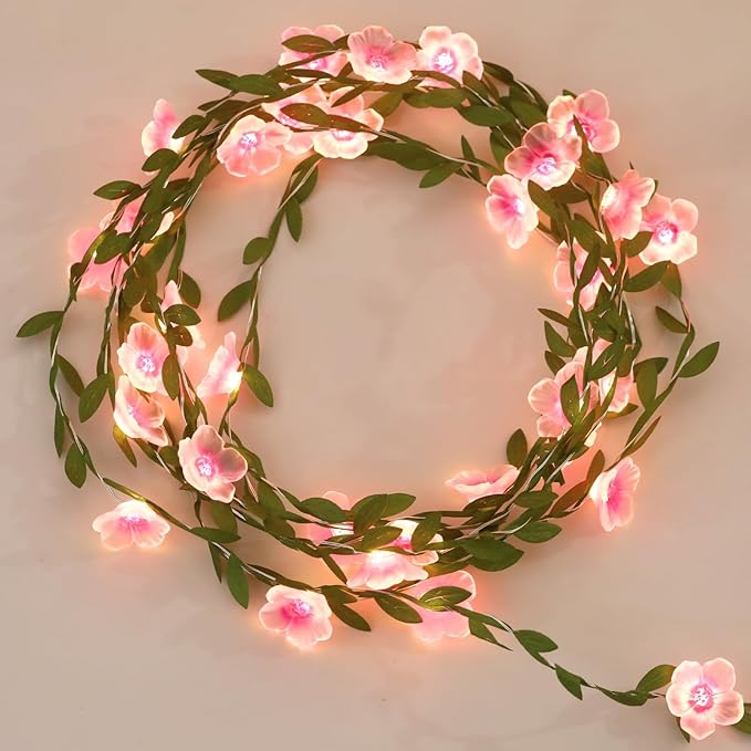 2 Count Cherry Blossom Vine Lights 13ft 40 LED Flower String Lights USB Plugin & Battery Operated Fairy Lights with Timer 8 Modes Remote Decorative Light for Bedroom Wedding Party, Warm White