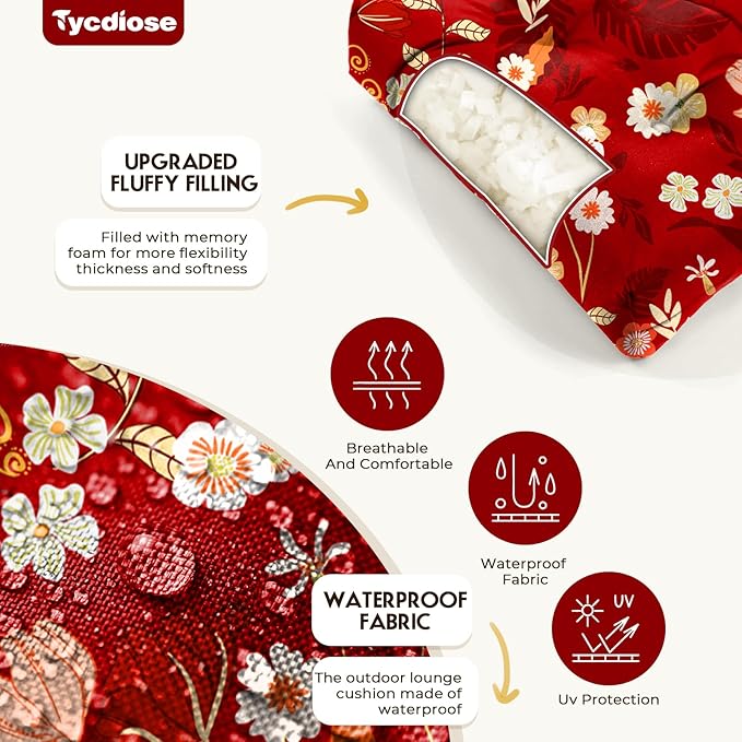 All Weather Chaise Lounge Cushions Outdoor Lounge Chair Cushion, Waterproof Memory Foam Chaise Lounger Chair Cushion for Outdoor Patio Furniture with Non-Slip Back and Ties, Red Floral