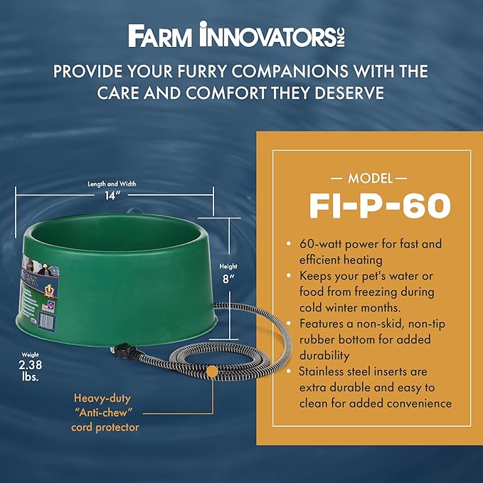 Farm Innovators P-60 1.5 Gallon 60 Watt Heated Pet Water Bowl, Thermostatic Control & Anti Chew Cord, Green (4 Pack)
