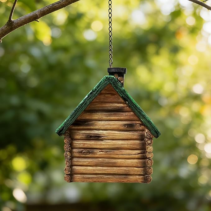 Bird Houses for Outside, Wood-Look Resin Bluebird House with Hanging Chain, Waterproof & Practical Forest Bird Houses, Decorative Hanging Birdhouse for Yard Garden Decor, Wood House