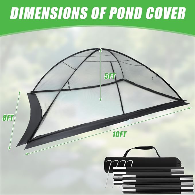 Pond Cover Dome Net 8x10ft Netting Pond Covering Tent with Zipper Storage Straps, Fiberglass Poles, Ground Nails, Tie Ropes for Outdoor Garden Fish Pool Protection from Leaves Animals