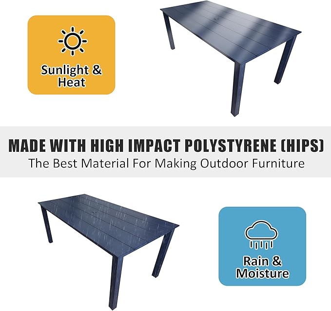 Poly Lumber Patio Dining Set, HIPS Outdoor 70.9-Inches Table and Slat Back Chairs, with Umbrella Hole, Weather Resistant (Navy Blue, 7 Piece)
