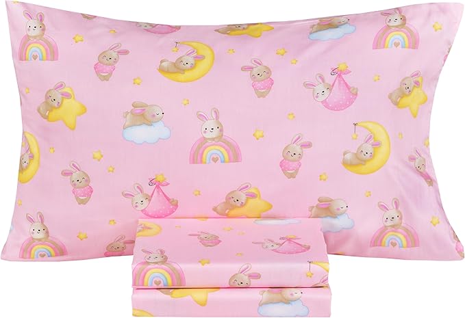 Scientific Sleep Pink Bunny Moon Star Cute Fun 100% Cotton Cozy Twin Bed Sheet Set, Flat Sheet & Fitted Sheet & Pillowcase Natural Bedding Set