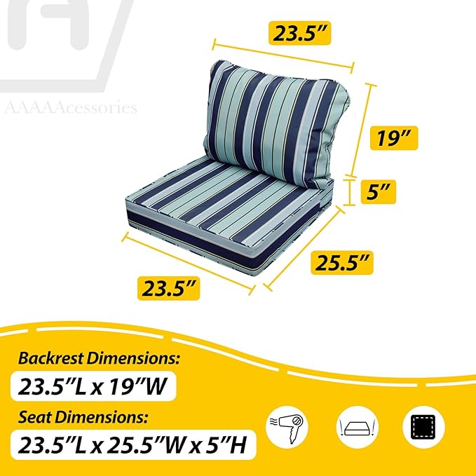 AAAAAcessories Outdoor Seat Cushions for Chairs, Fade-Resistant, Waterproof Patio Furniture Replacement Cushions, 23.5" x 25.5" x 5" + 23.5" x 19", Set of 4, Ash Teal Seaside Stripe