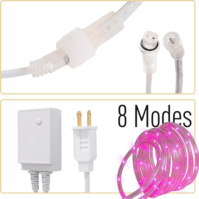 Waterproof LED Rope Lights, Connectable & Flexible with 8 Modes, Outdoor Lighting for Deck, Garden, Pool, Patio & Christmas Decor (Pink, 20ft)