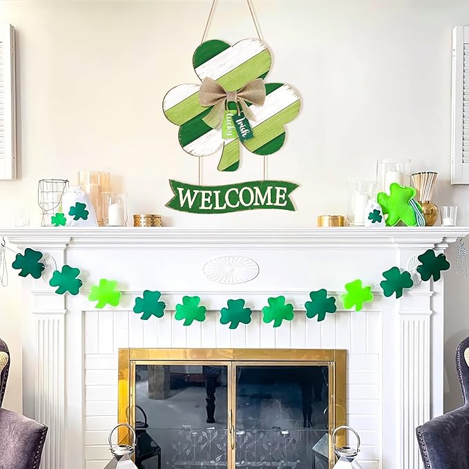 Wooden St Patricks Day Wreaths for Front Door Decoration Shamrock Door Sign with Bow Wall Signs Clover Spring Decoration, Irish Sign Welcome Hanging for Home Decor Party Outdoor Indoor Supply
