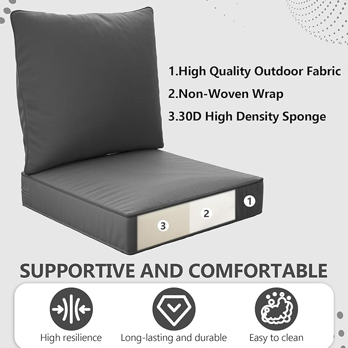 22" x 22" x 6" Outdoor Deep Seat Cushions Set - 2 Set Waterproof & Fade Resistant Patio Furniture Replacement Cushions, Non-Slip Outdoor Cushions Fit Loveseats, Couches, Chairs, and Sofas.