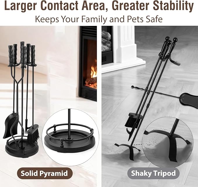 AMAGABELI Garden & Home 5 Pieces Fireplace Tools Sets Wrought Iron Indoor Fireplace Set with Poker Tongs Broom Shovel Stand Fire Tools Outdoor Fire Place Fire Pit Hearth Accessories Sets Black