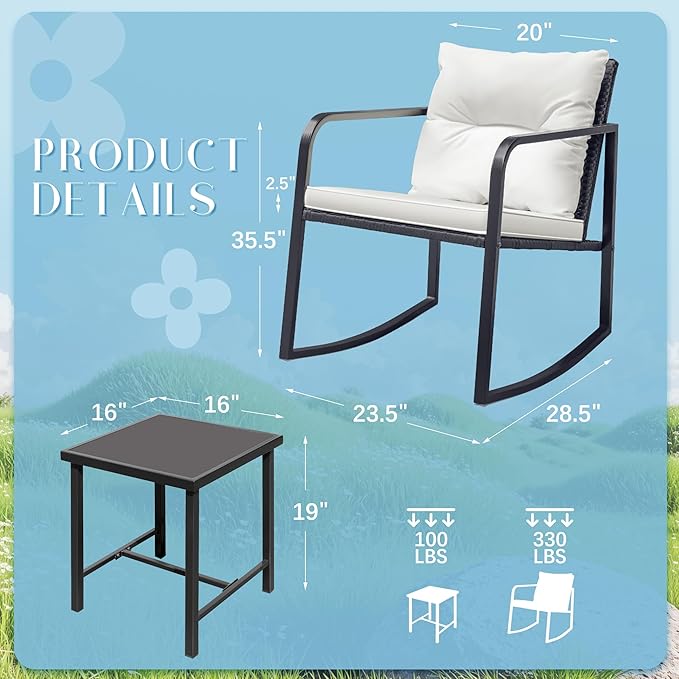 Flamaker Patio Chairs 3 Piece Wicker Rocking Chair Outdoor Bistro Sets with Coffee Table and Cushions Metal Frame Patio Furniture for Porch, Balcony, Lawn (White)