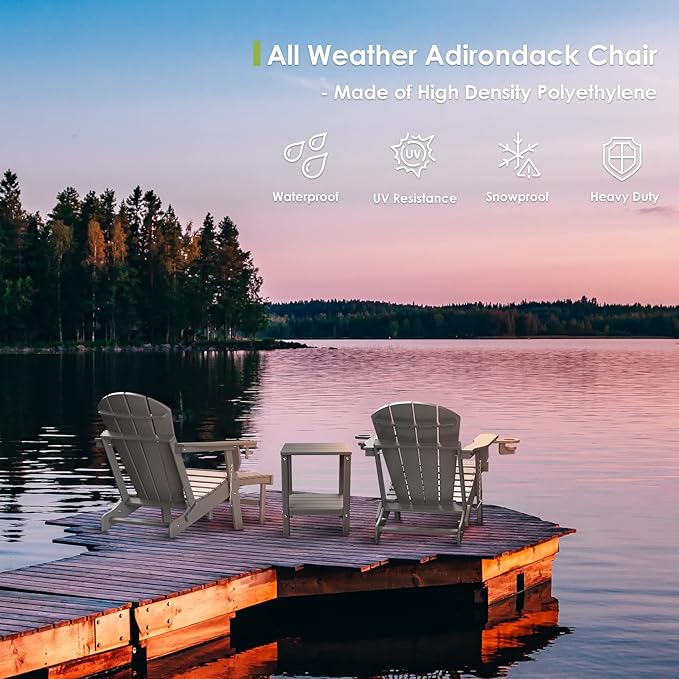 GREENVINES Adirondack-Chairs-with-Ottoman | Set of 6 | Folding | Retractable-Footrest | HDPE Plastic | All Weather Fire Pit Chair | Cup Holders | Grey | for Outdoor Poolside