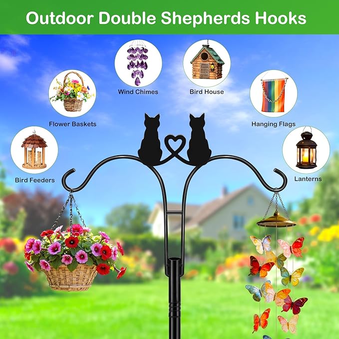 Double Shepherds Hooks for Outdoor, 1 Pack 78 Inch Bird Feeder Pole with 5 Prongs Base, Adjustable Heavy Duty Plant Hangers Cat Art for Outdoor Plants Hummingbird Feeder Hanging Basket Lantern