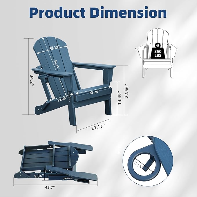 Domi Folding Adirondack Chairs Set of 6, HDPE All-Weather Outdoor Chairs with Cup Holder, Wooden Textured Fire Pit Chairs for Backyard, Patio, Poolside & Deck, Navy Blue