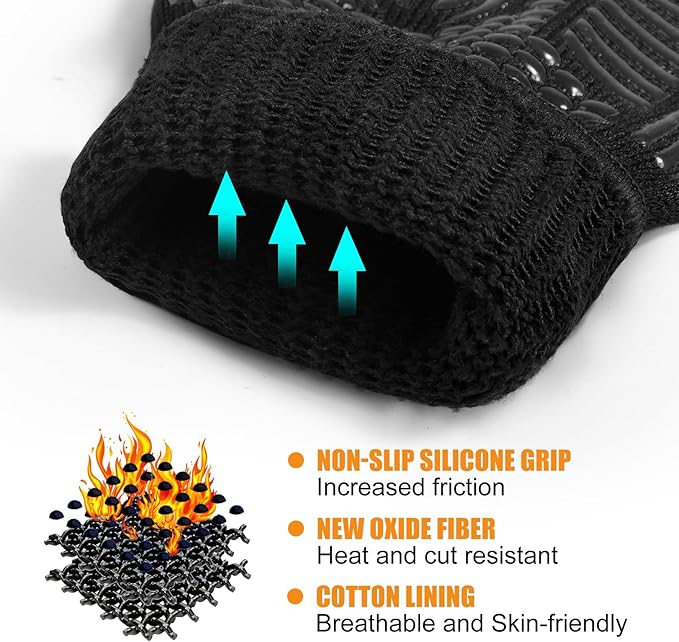 BBQ Gloves, Oven Gloves, 1472°F Extreme Heat Resistant Barbecue Gloves, Silicone Non-Slip Oven Mitts, Kitchen for Cooking, Grilling, and Baking (Black)