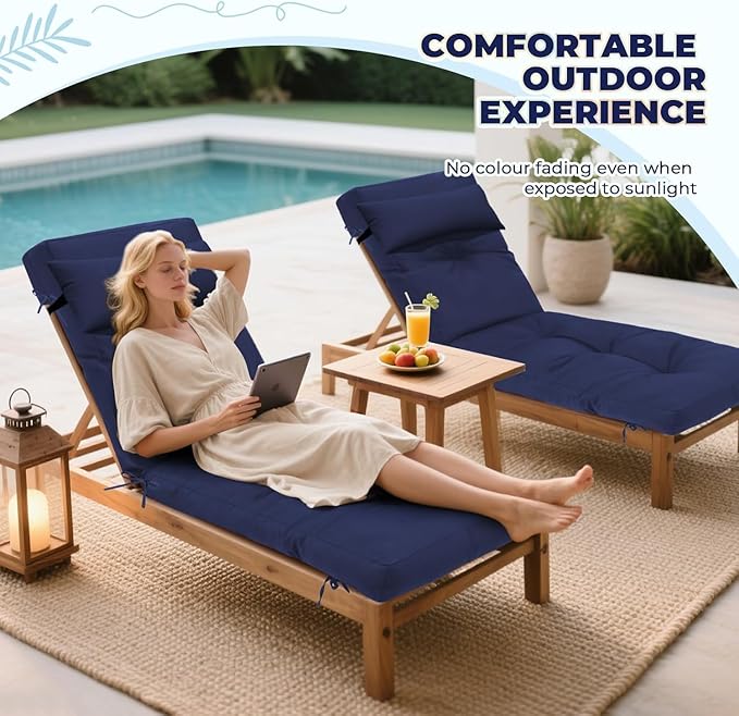 Waterproof Lounge Chair Cushion Outdoor for Chairs, Fade Resistant Chaise Lounger Replacement Cushions with 6 Ties, Thickened Memory Foam Pool Lounge Chair Cushions, 76 x 22 x 4.7 Inches, Blue