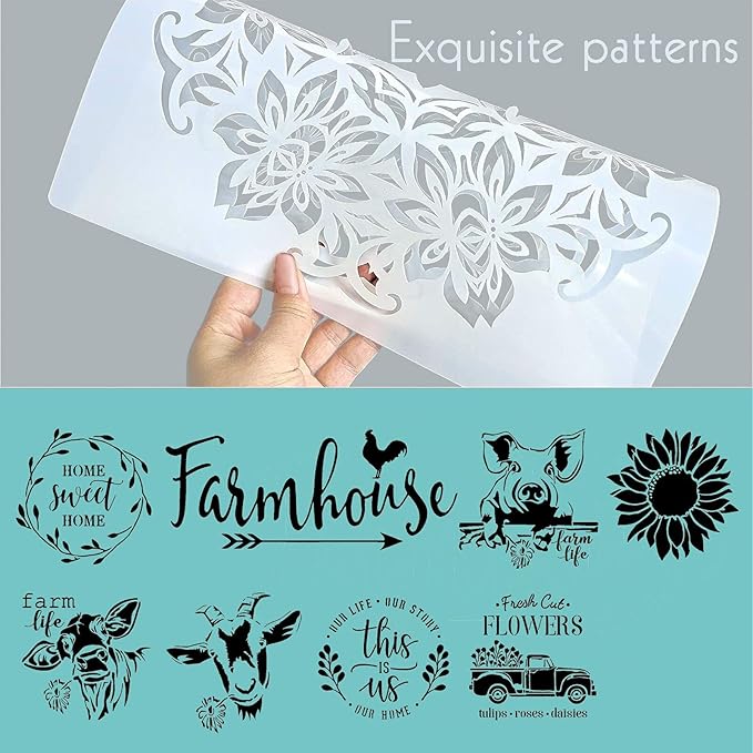 Farmhouse Stencils Farm Theme Reusable Stencils for Painting on Wood Animals Flower Vintage Truck Pattern Stencil for Drawing DIY Scrapbooking Furniture Wall Signs Floor Fabric Decors