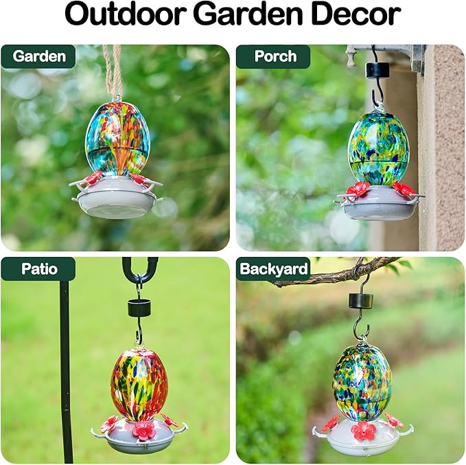 Muse Garden Hand Blown Glass Hummingbird Feeder - 19OZ Plastic Base Humming Bird Feeders for Outdoors Hanging, Garden Decor Gifts for Bird Lovers, Blue Fireworks