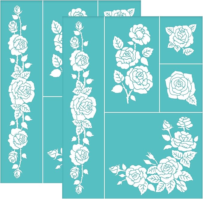 OLYCRAFT 2 Pcs Rose Self-Adhesive Silk Screen Printing Stencil Rose Bud Leaf Mesh Transfer Stencil Reusable Silk Screen Stencils for Painting on Wood T-Shirt Fabric 11x8.6 inch