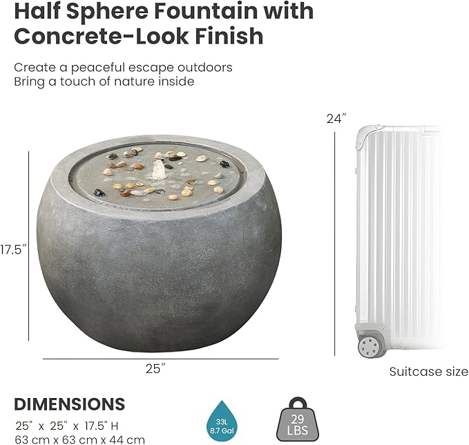 Garden Water Fountain Outdoor Large Round Bubbler Water Feature Indoor with Lights & Pump and Pebbles Concrete Effect for Patio Pool Pond Yard Home Decor Gray, 25 "L X 25" W X 17.5" H