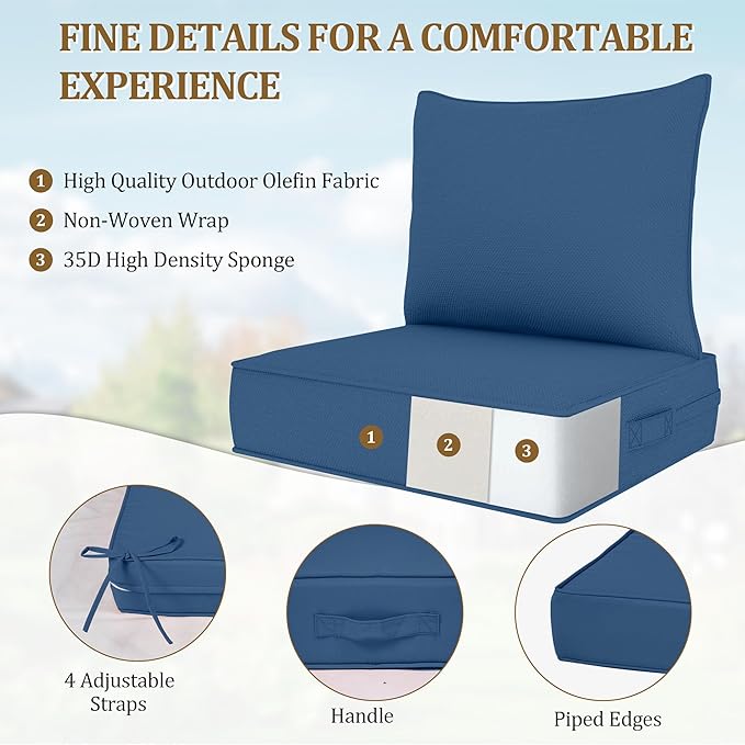 Outdoor Deep Seat Cushion Set, Fade Resistant Patio Chair Cushions, 24x24x6 Inch Patio Sofa Furniture Pad with Removable Cushion Covers (Navy Blue, 24''Lx24''Wx6''H-1pcs Set)