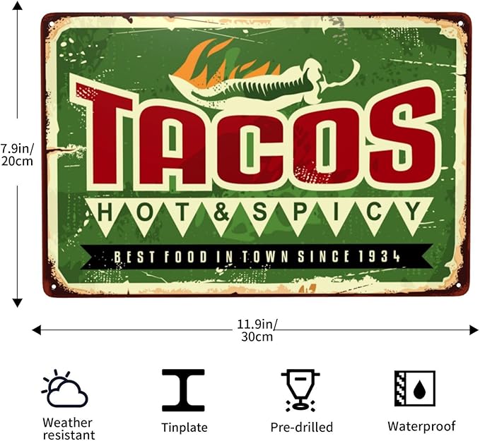Taco Vintage Metal Tin Sign Retro Rustproof Funny Art Wall Decor Gift 8x20 Inch