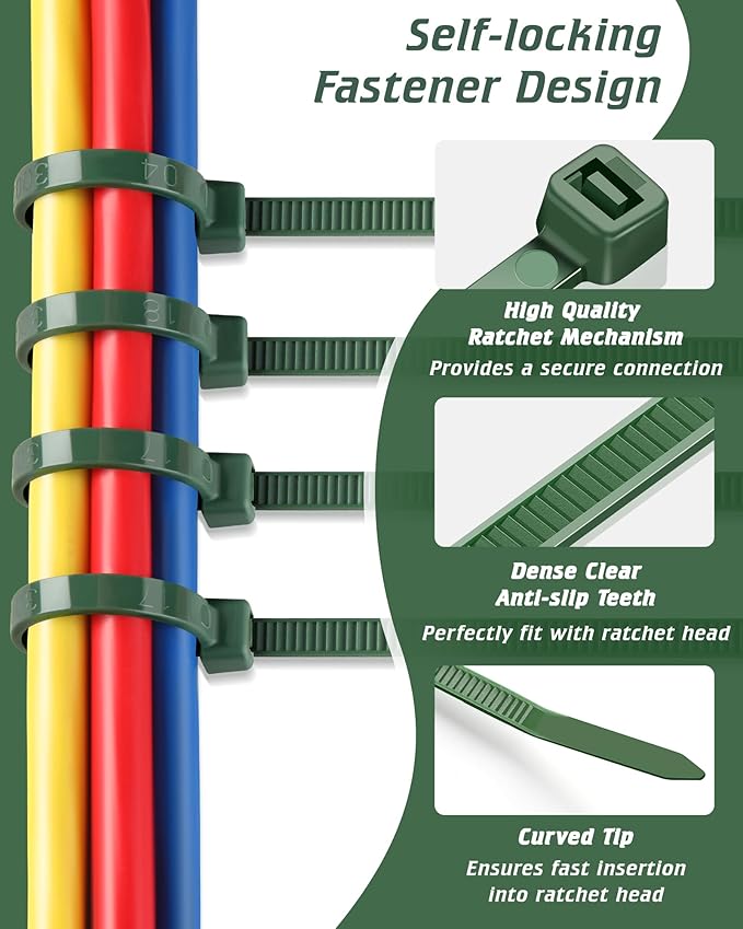 12 Inch 4.8mm Green Zip Ties, 55 Lbs PA66 Heavy Duty Plastic Wire Ties, Premium Self-locking Nylon Cable Ties Decoration Tie Wraps for Christmas Tree Oudoor Infoor Gardening Fence Grid Wall, 100 Pcs