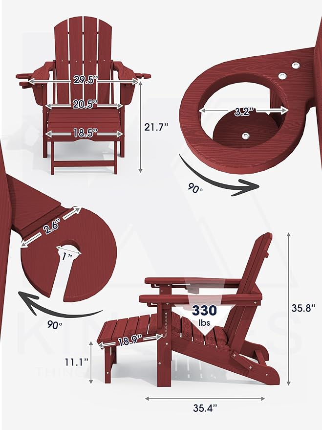 KINGYES Folding Adjustable Adirondack Chair with Ottoman & 2 Cup Holders Set of 2, HDPE Recliner Adirondack Chair with Footrest, Red