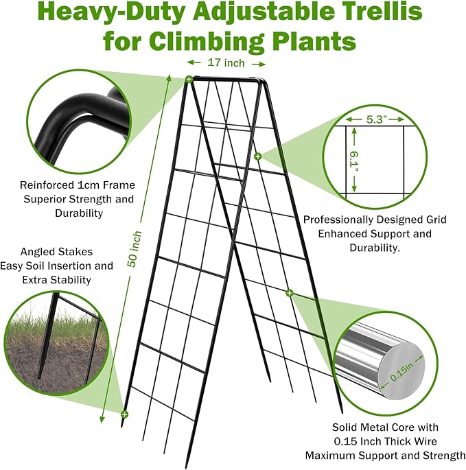 2 Pack 50" Tall A Frame Trellis for Climbing Plants Outdoor (50" X 17") – Heavy Duty Garden Adjustable Trellis, Metal Trellis for Cucumbers, Beans, Tomatoes, Grapes, and Vining Vegetables